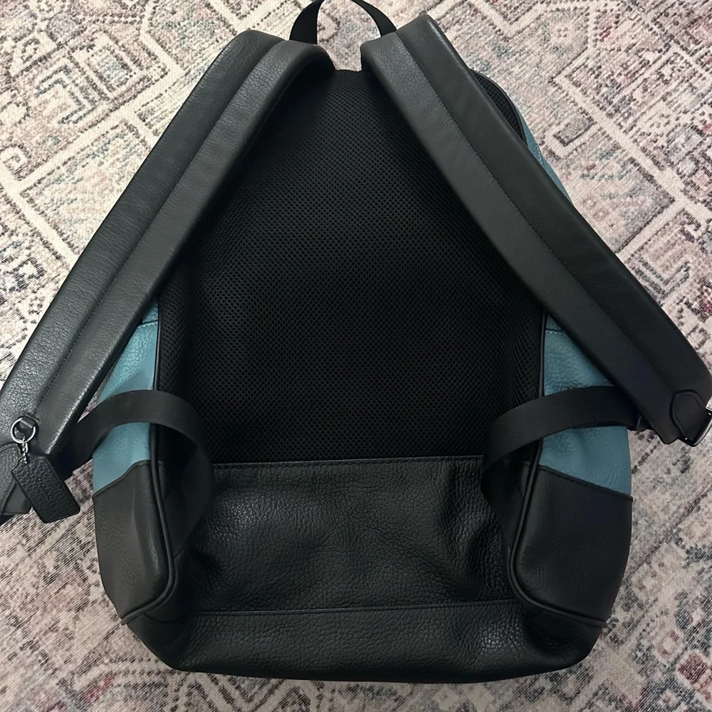 Coach Teal and Black Leather Backpack with Front Zip Pocket